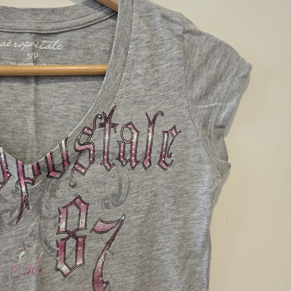 vintage y2k 2000s Aeropostale jewelled gradient b neck tshirt grey size small - Picture 8 of 8